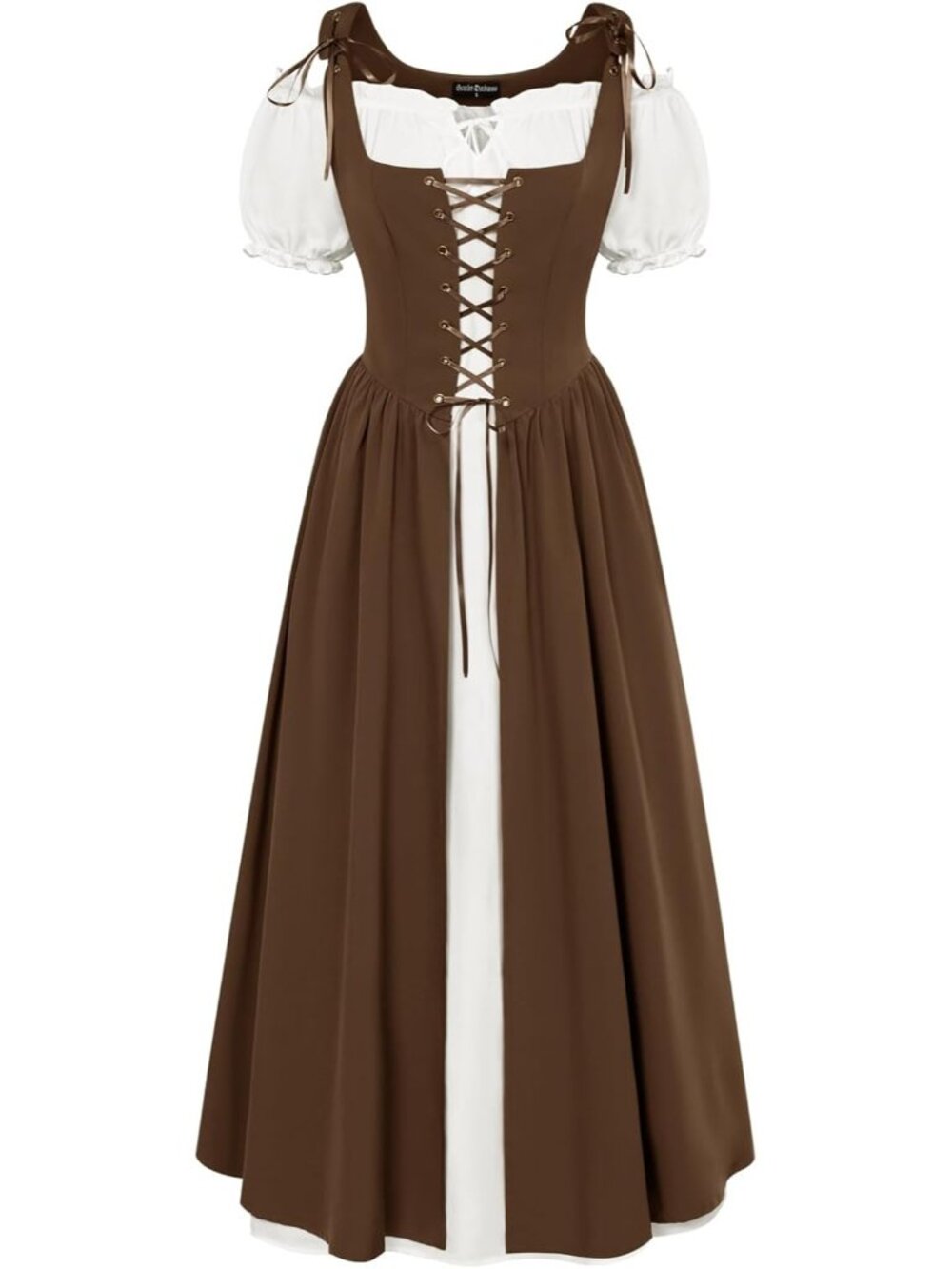 Women's Dark Brown Short Sleeve Peasant Medieval Pockets Maxi Costume Dress
